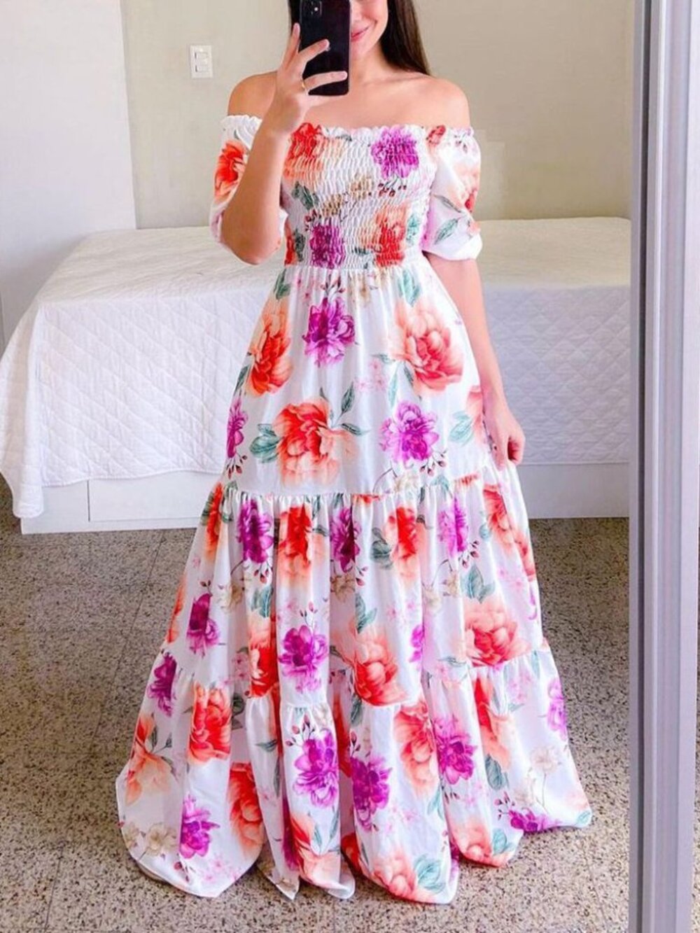 Women's Off-Shoulder Floral Maxi Dress – High Waist Sleeveless Long Dress in Pur